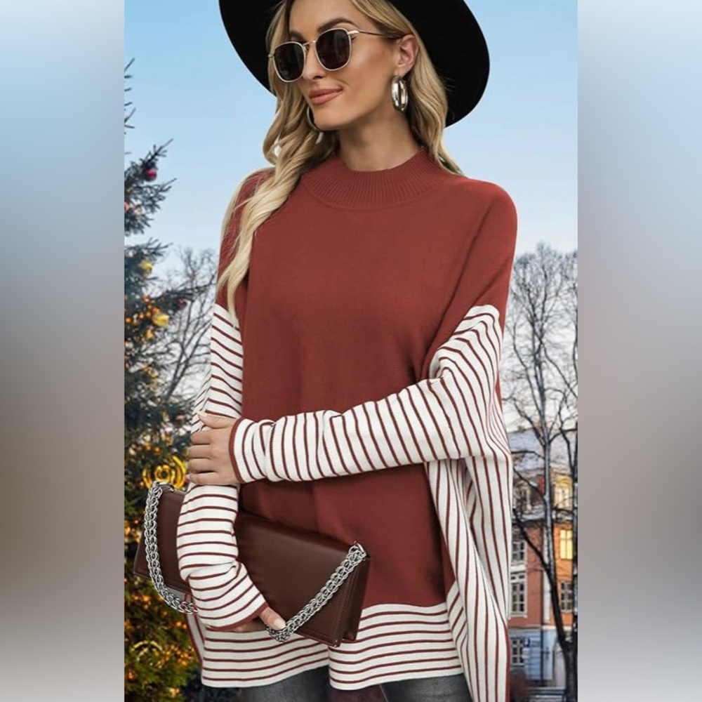 SZ M, Burgundy & Cream, T-Neck, Sleeved Poncho Sweater with Stripes.